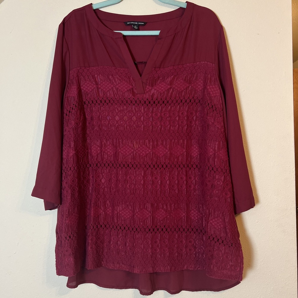 Zac & Rachel 2X Women's Dress Blouse Top Pullover Crocheted Lace Red Wine Color